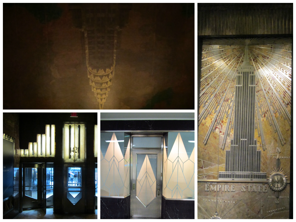 The Empire State building lobby has a fantastic self-portrait to view... and the "upside down" image is actually what's on the ceiling of the Chrysler lobby.