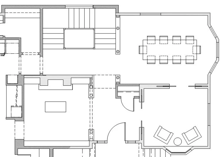 In this project currently in design, we completely re-located the main staircase and created a new 'U' shaped stair which ties all four floors of the house together in a grand fashion.