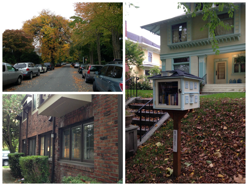 Clockwise from top left: The fall foliage on 16th is delightful, Can we talk about how adorable this little library is? It's one of two I get to browse every day, And this brick apartment building on 16th & Republican is my favorite ever.