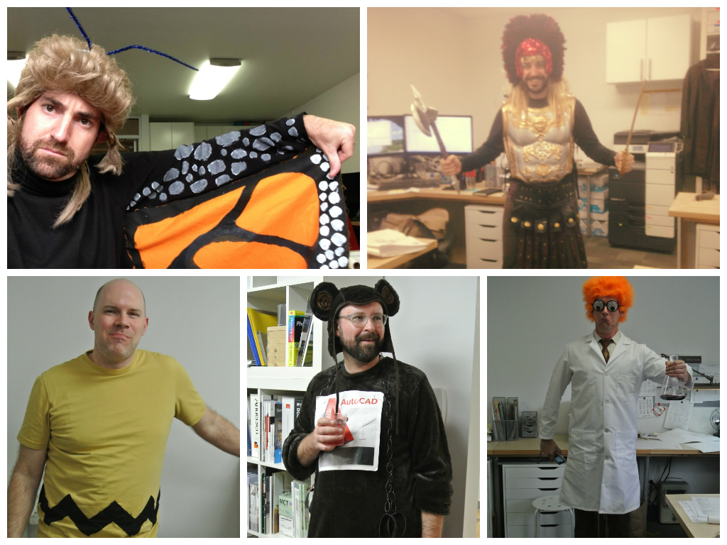 (Clockwise from top left: I was a monarch butterfly with a mullet, Ryan was a Cher-Inspired Gladiator, Robert was Beaker from The Muppets, Brian was a CAD Monkey (architecture joke), and David was Charlie Brown.