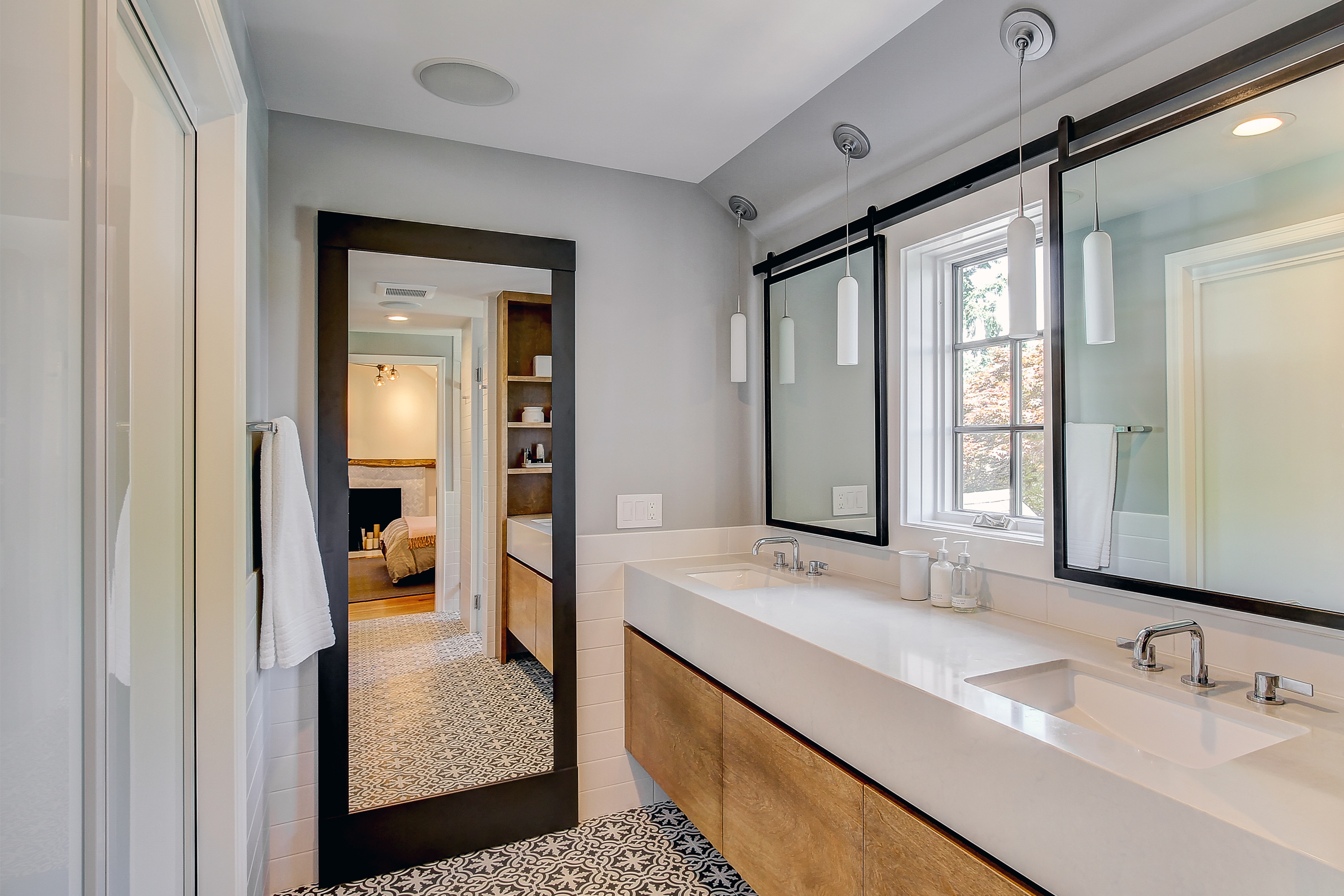 Morning Light Tudor Remodel In A Style Home Board Vellum Sliding Mirrors In Front Of Windows The Master Bath Remodel A Tudor