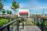 Railings separate planted areas from pedestrian traffic on a roof deck.