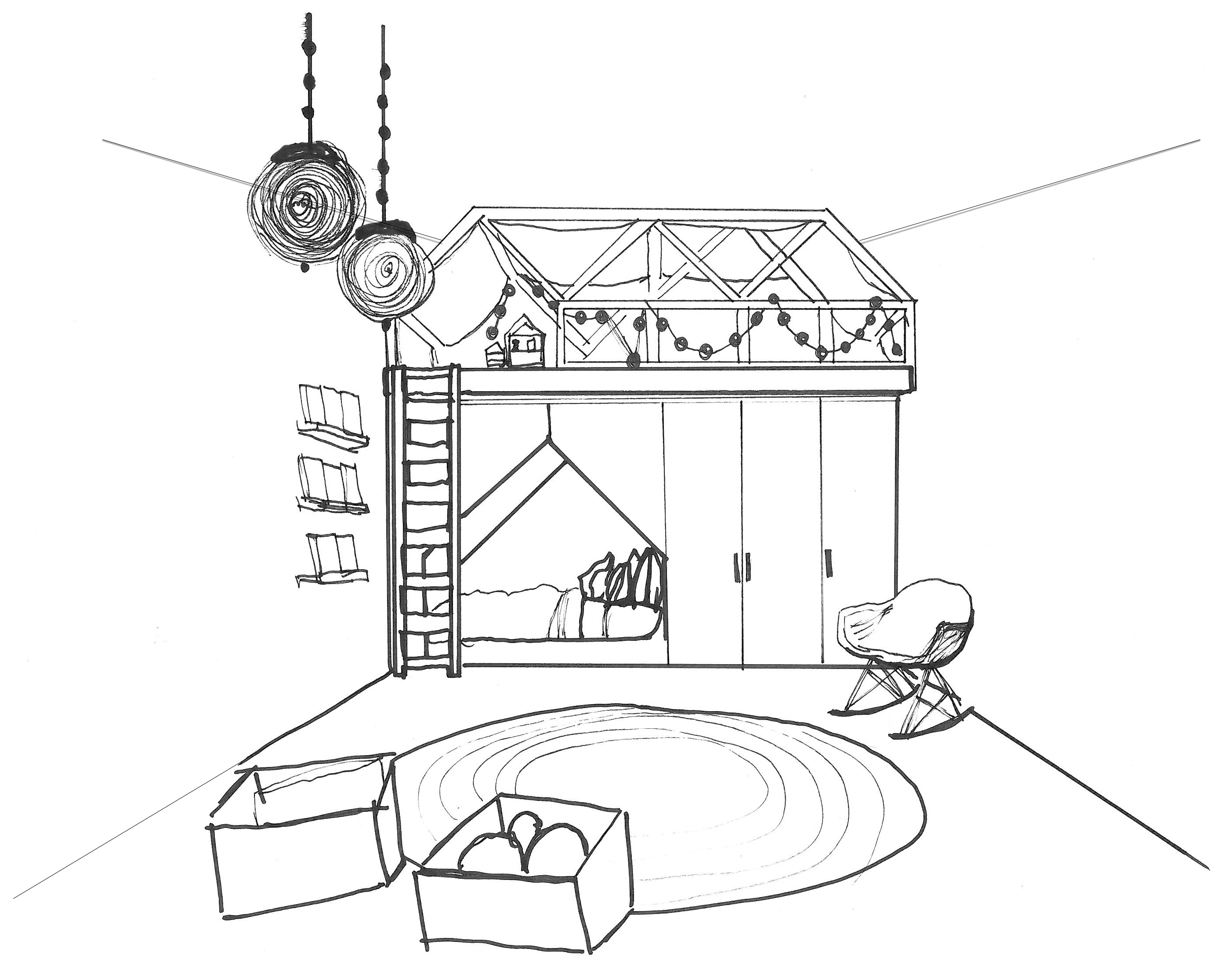 Sketch of a built-in bed with a loft above.