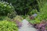 A path through a garden is flanked on each side by layered planting.