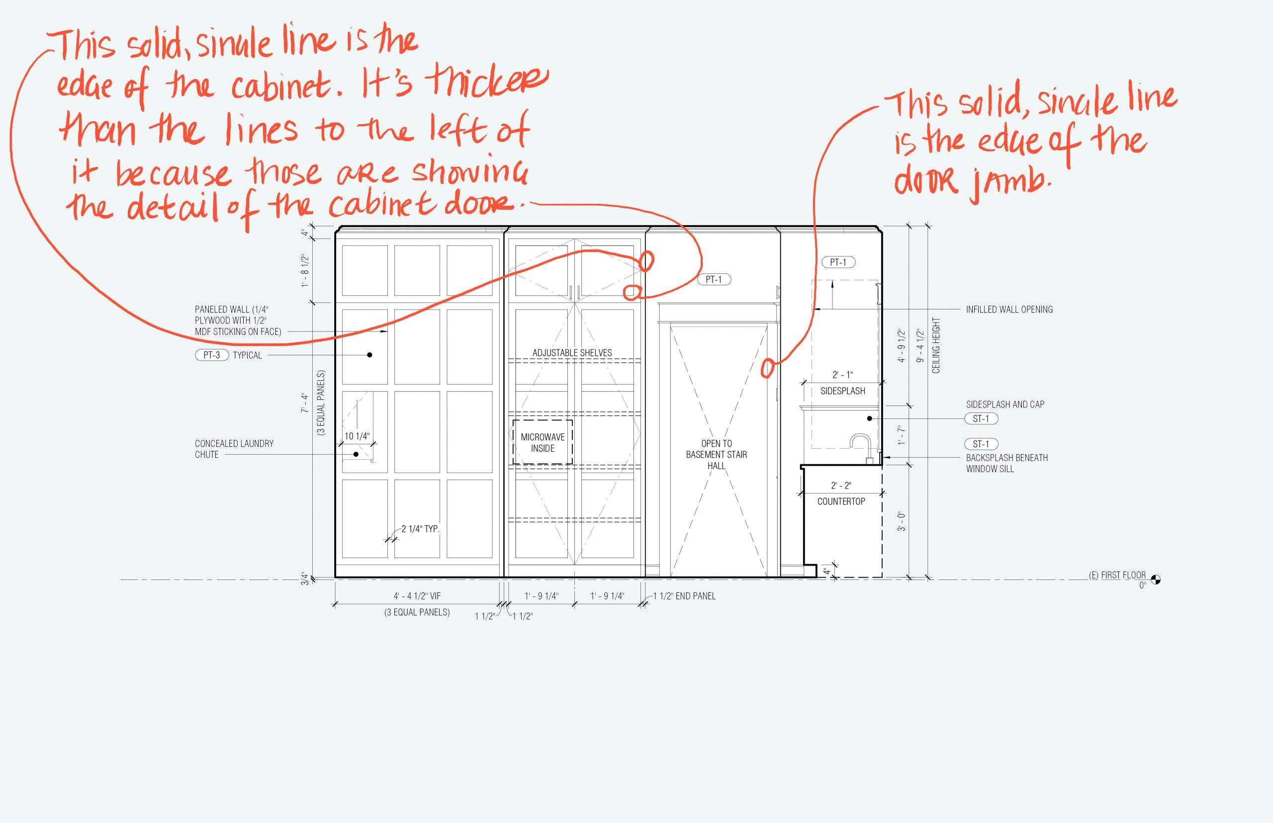 Solid Single Lines in Elevation – Types of lines or linetypes in architectural drawings.