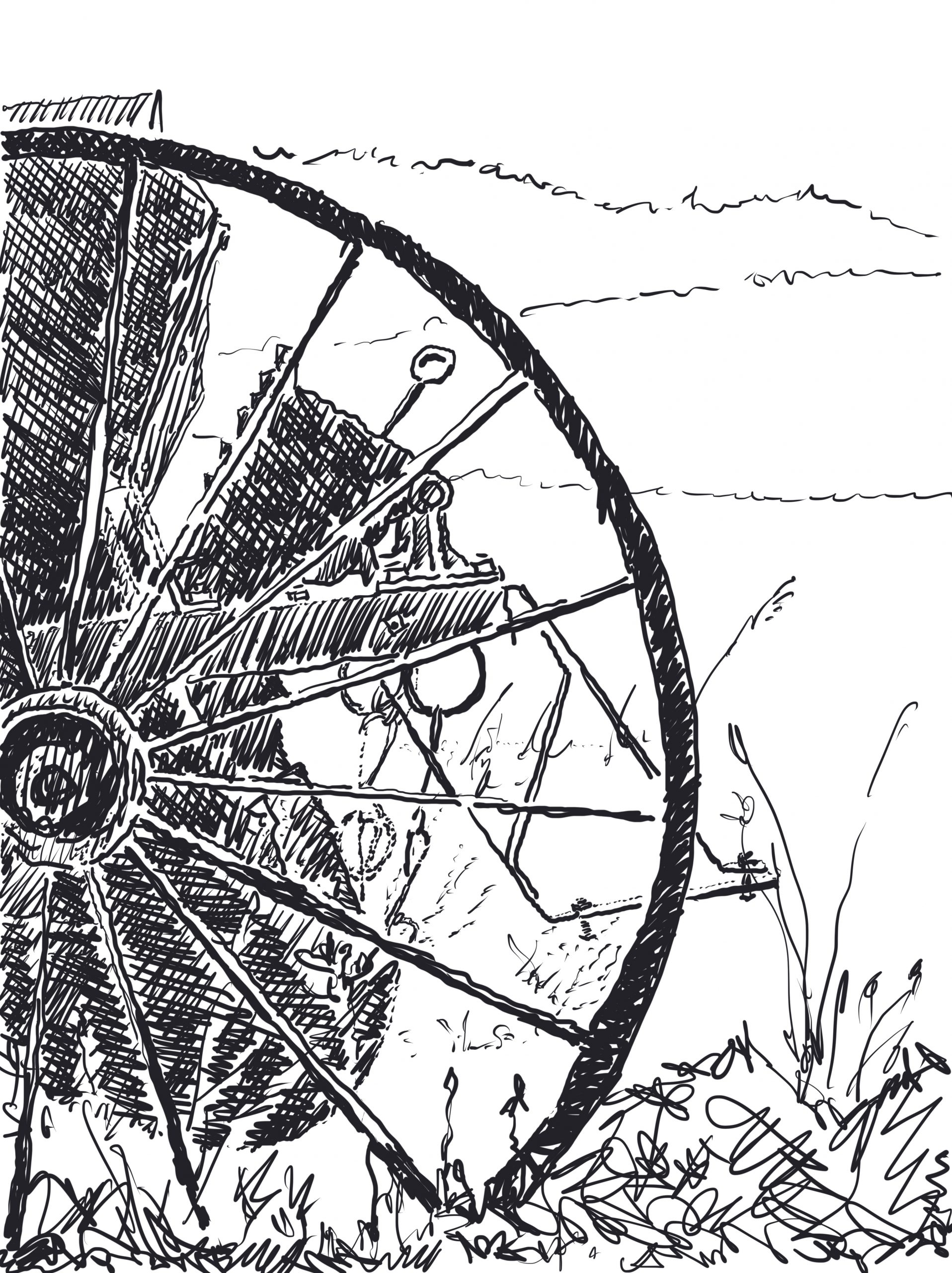 Black and white hand sketch of abandoned farm equipment.