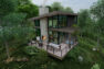An architectural rendering of a cabin-style vacation rental home.