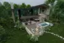An architectural rendering of an estate-style vacation home from the back. There is a large deck and patio with fire pit, a pool, and covered outdoor dining area..