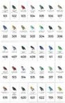 An array of the unit entry signage for Tanager Apartments, each featuring a custom graphic of a unique species of tanager along with the common and Latin names.