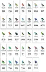 An array of the unit entry signage for Tanager Apartments, each featuring a custom graphic of a unique species of tanager along with the common and Latin names.
