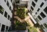 An angled view of the courtyard from above shows an adjacent wall of a neighboring building still featuring graffiti. – Tanager Apartments – Board & Vellum
