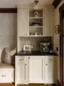 The coffee bar claims a shallow wall beside the banquette, with elongated hex tile, open shelving, and soapstone carried through from the kitchen. - Tangletown Craftsman – Interior Design for a Craftsman Home – Board & Vellum