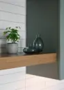 Detail of open wood shelving in a unit kitchen. – Tanager Apartments – Board & Vellum